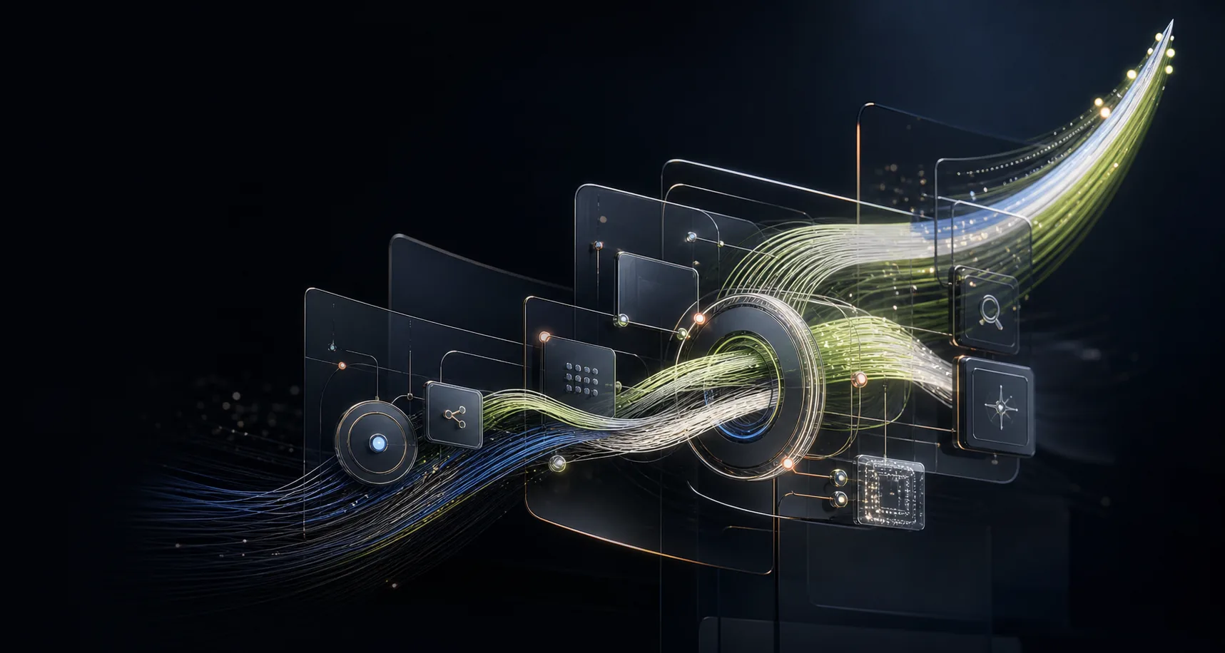Luminous signal paths flowing through connected glass interface panels